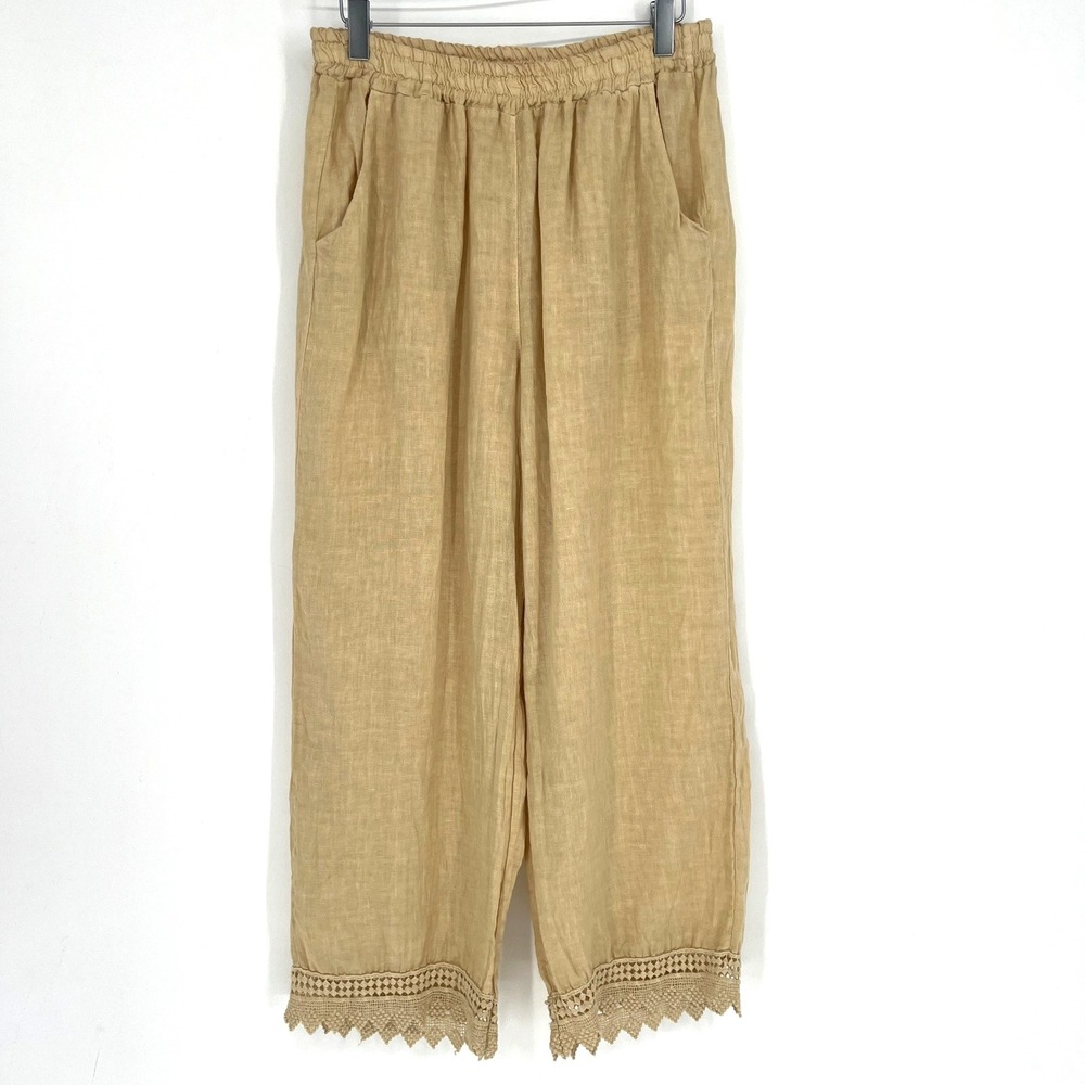 Francesca Bettini Womens M Wide Leg Linen Embroidered Ankle Tan Boho‎